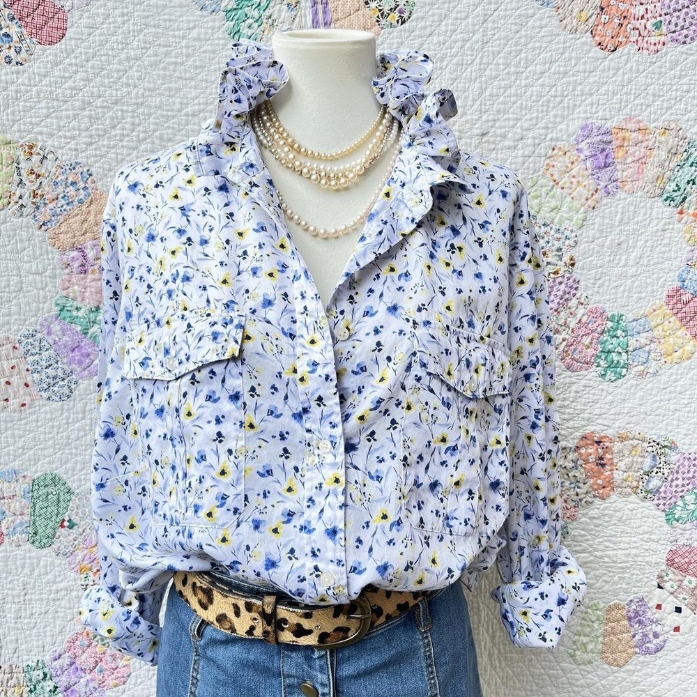 Upcycled Reworked Lauren Ralph Lauren Blue Yellow Floral Ruffle Collar Shirt 3XL